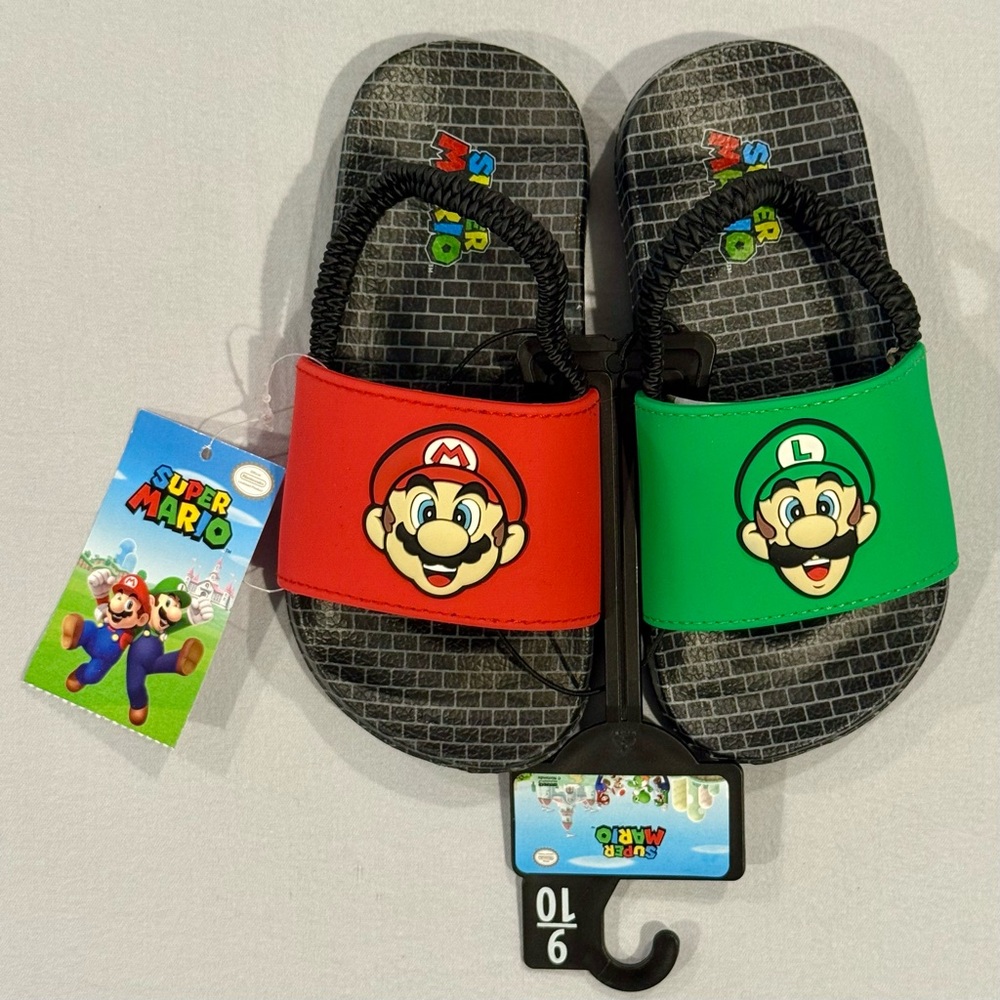 New Super Mario Bros Sling Back Slides Boys 9-10 Luigi Summer Sandals Nintendo